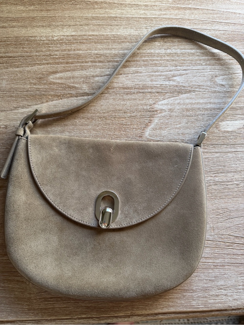 Savette Tondo Taupe Suede Shoulder Bag with Polished Turn-Lock
